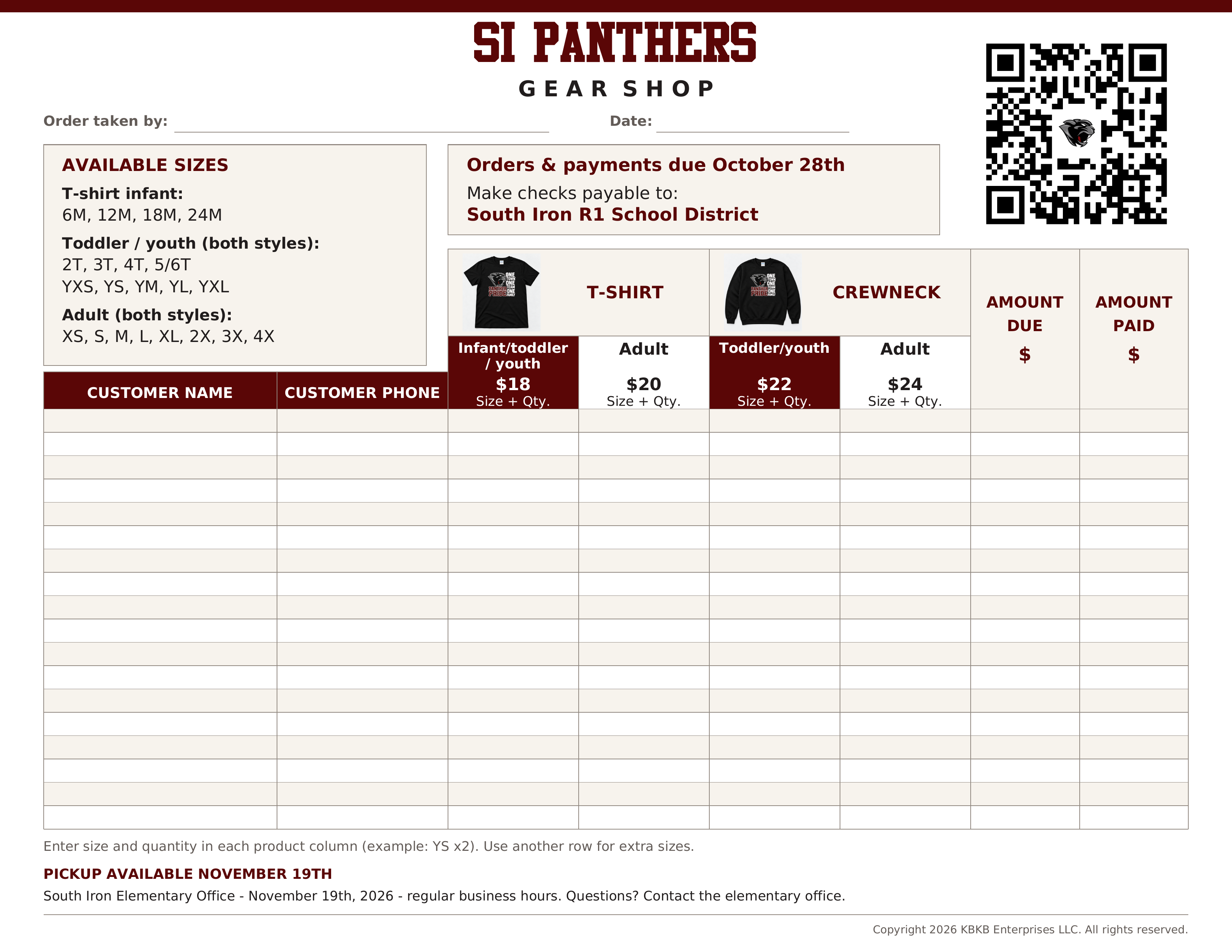 SI Panthers Gear Shop customer order sheet with apparel mockups, sizes, prices, customer rows, and a shop QR code